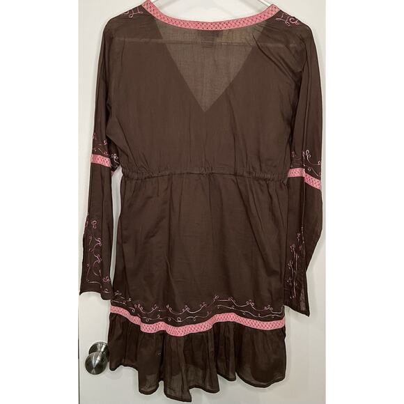 Vintage SURFACE Womens S, Brown Cover Up with waist drawstring pink embroidered - Picture 2 of 6